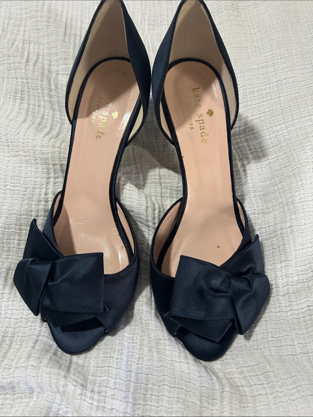 Kate Spade Navy Satin D’Orsay Bow Peep-Toe w/glitter heel. Dress. Wedding. Prom
